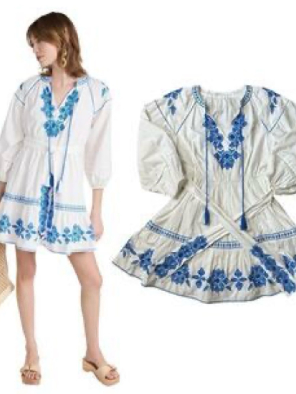 Euc Shoshanna White Mini Dress with Blue Floral Embroidery 2